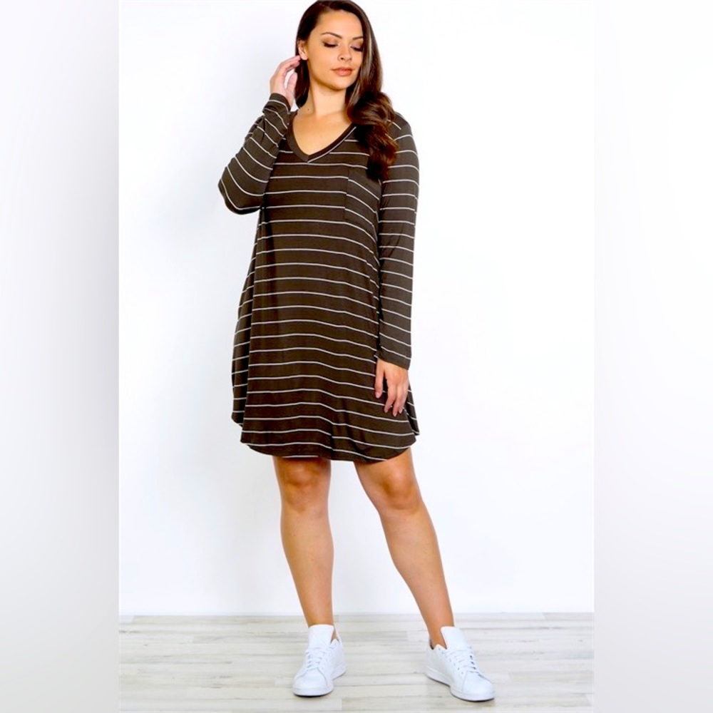 Brand New Olive Ivory Stripes V-Neckline With Pocket Long Sleeve Shirt Dress👗